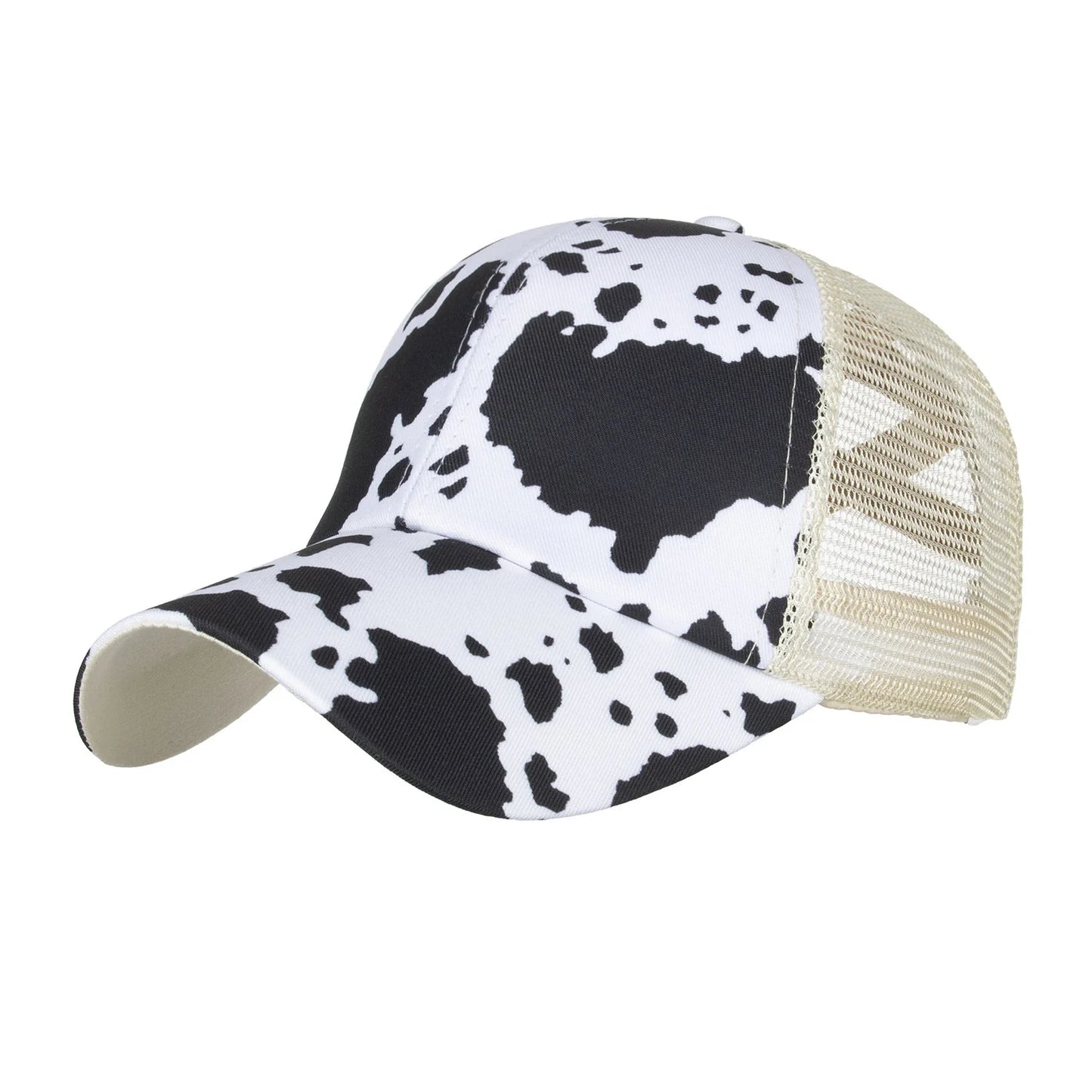 Cow Patterned Cross Ponytail Hat