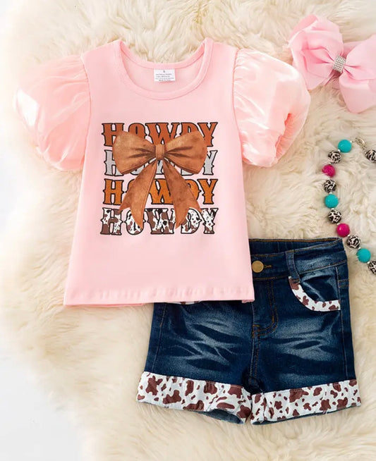 Stacked Howdy Pink Tee & Denim Shorts