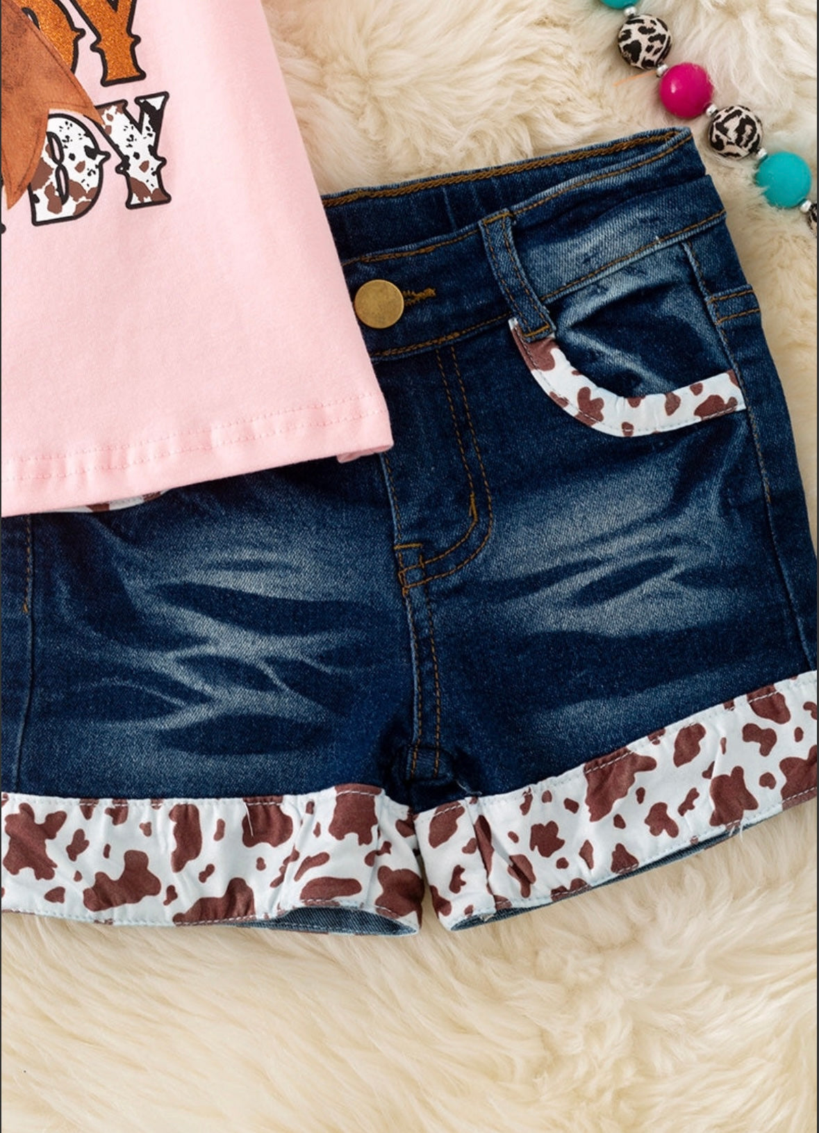 Stacked Howdy Pink Tee & Denim Shorts