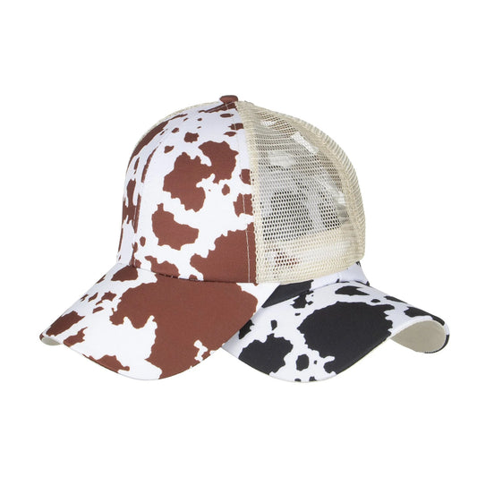 Cow Patterned Cross Ponytail Hat